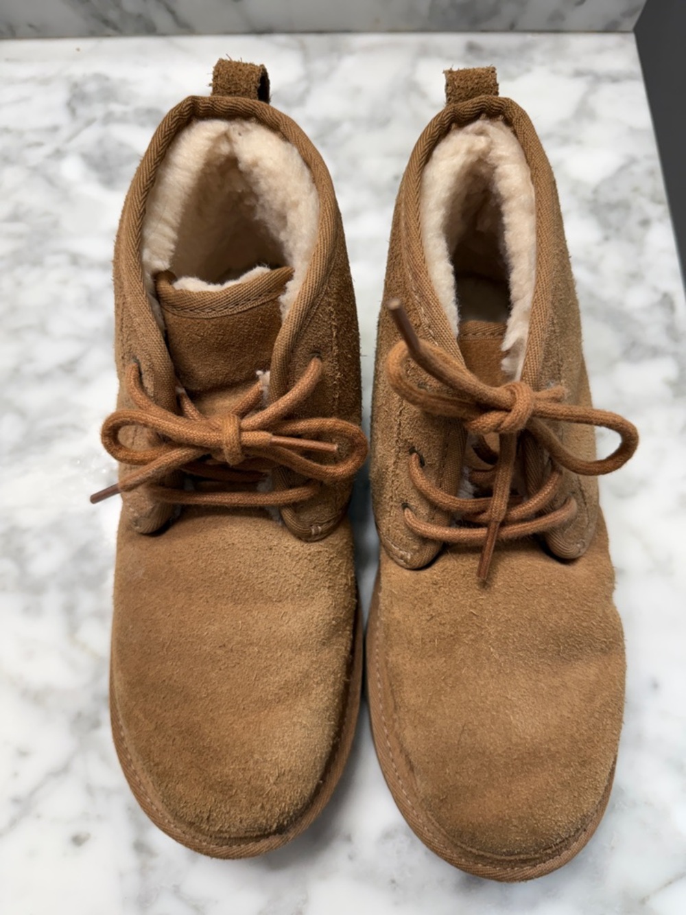 Kids UGG Chestnut Suede Lace-Up Boots with Cream Sherpa